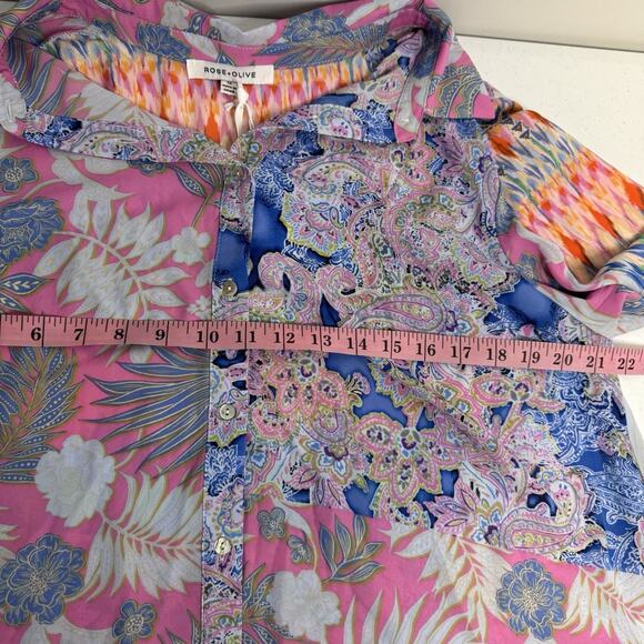 Rose & Olive Floral Button Down Top Women's 1X Pink Blue Paisley Tie Knot Light - Picture 8 of 12